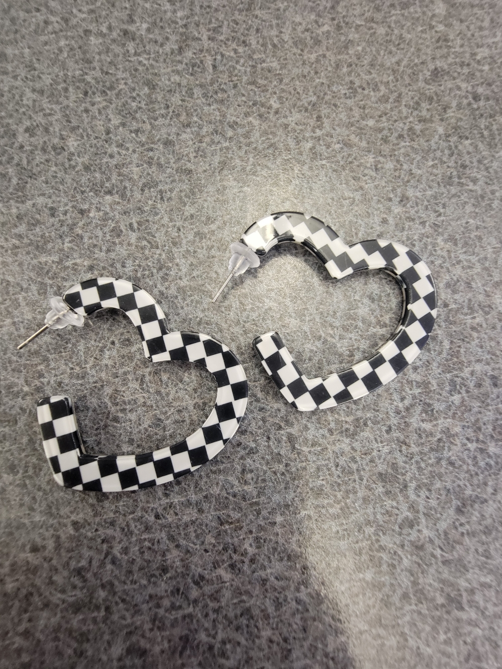 Checkerboard Heart Hoop Earrings - Black & White